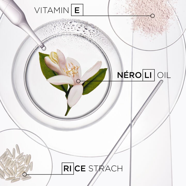 Diagram of a flower with labels for Vitamin E, Néroli Oil, and Rice Strach on a white background.